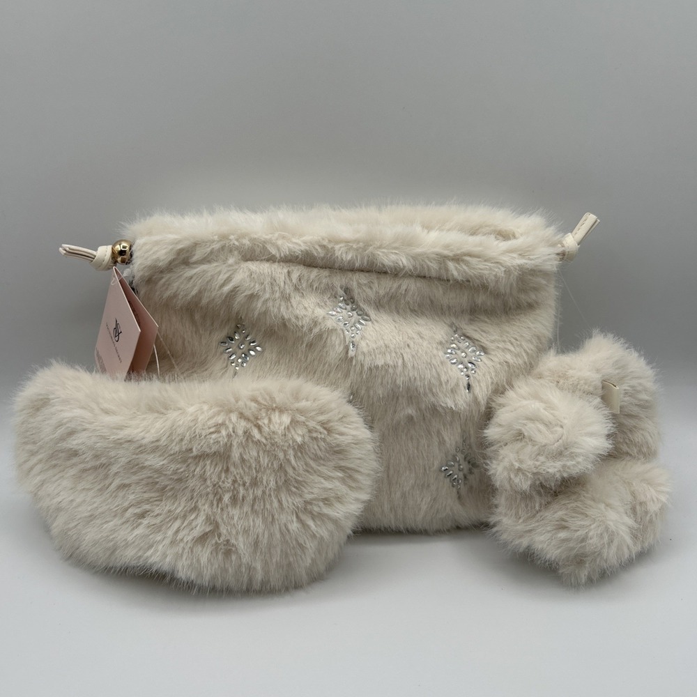 Victoria's Secret Cream Faux Fur Gem Pouch Bag Eye Mask Scrunchie 3pcs Set NWT